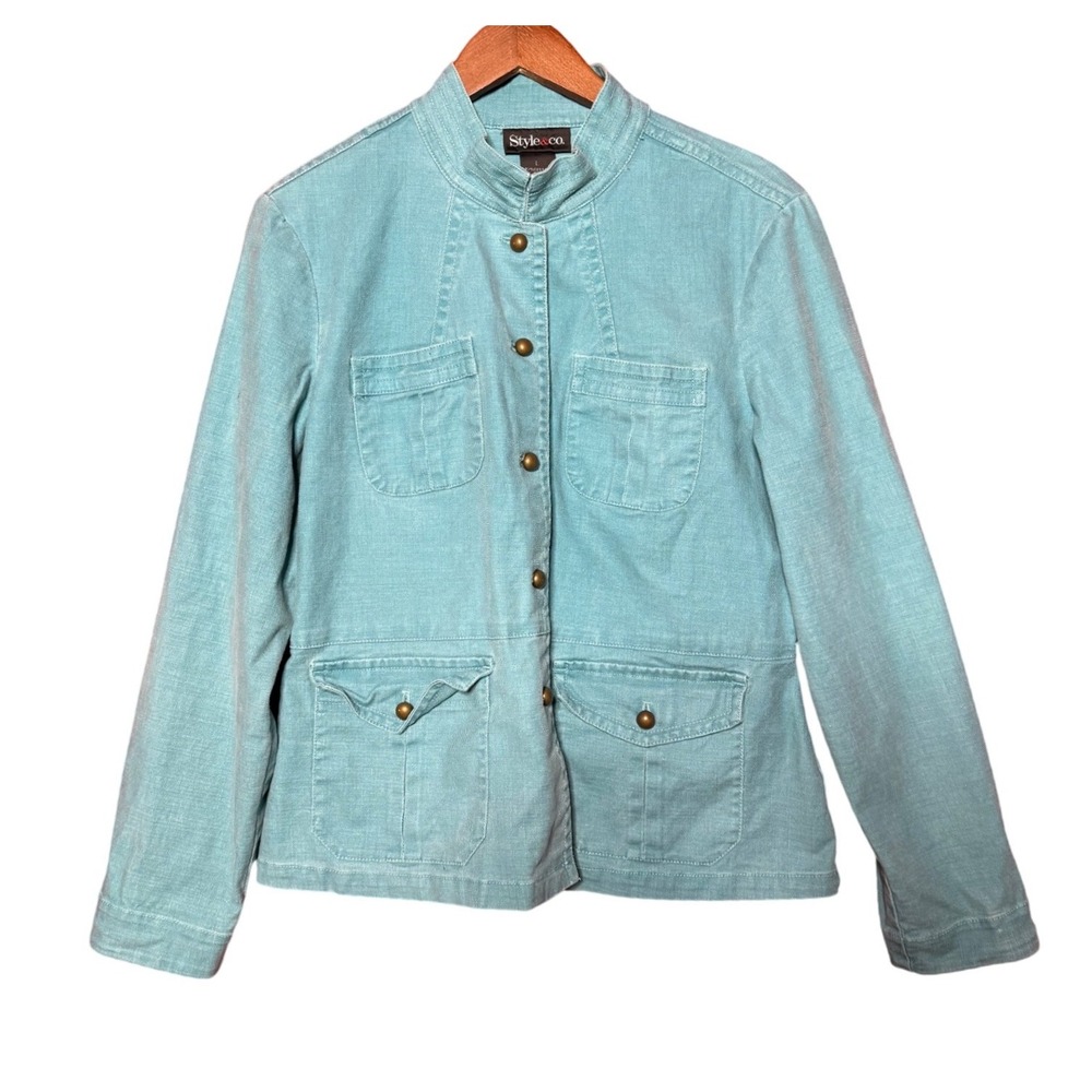 Style & Co Women Large Aqua Blue‎ Utility Militant Jacket  Blazer Mock Neck Coat